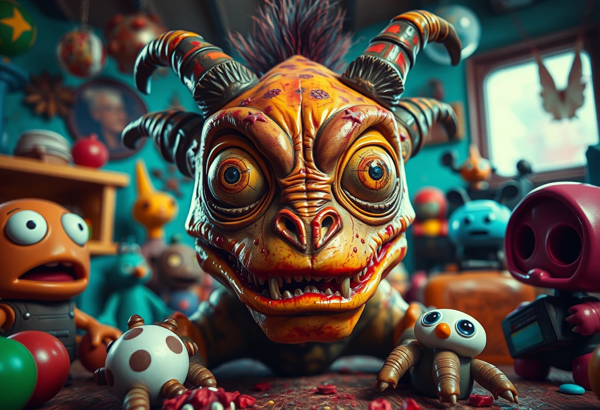 Créature fantastique surréaliste avec jouets ludiques et couleurs vives