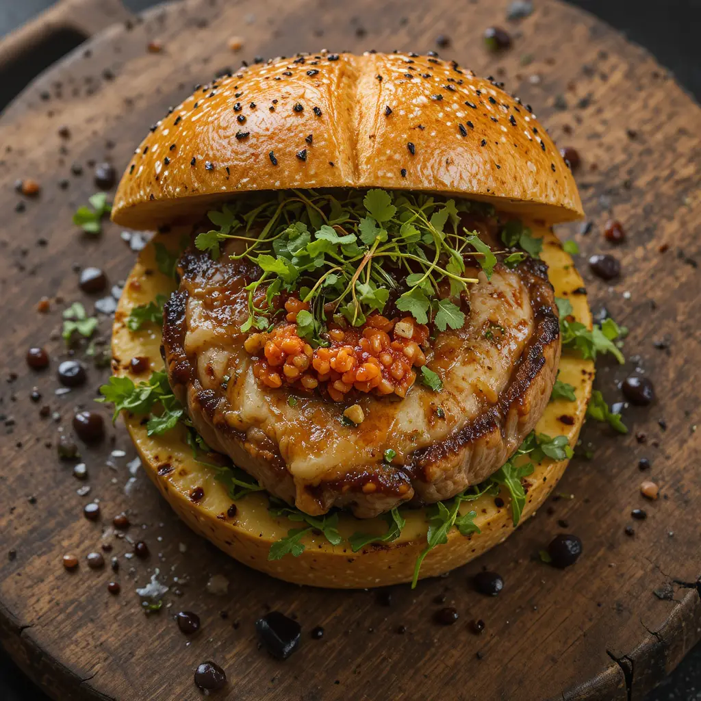 Gourmet shark burger with pineapple buns and caviar topping