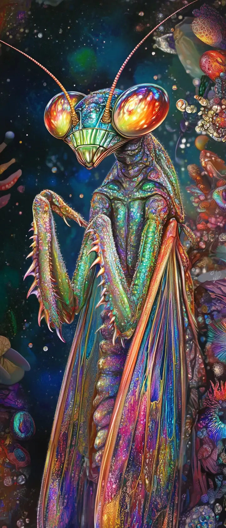Kontemplative Fantasy-Mantis mit farbenprächtigem Metallkörper