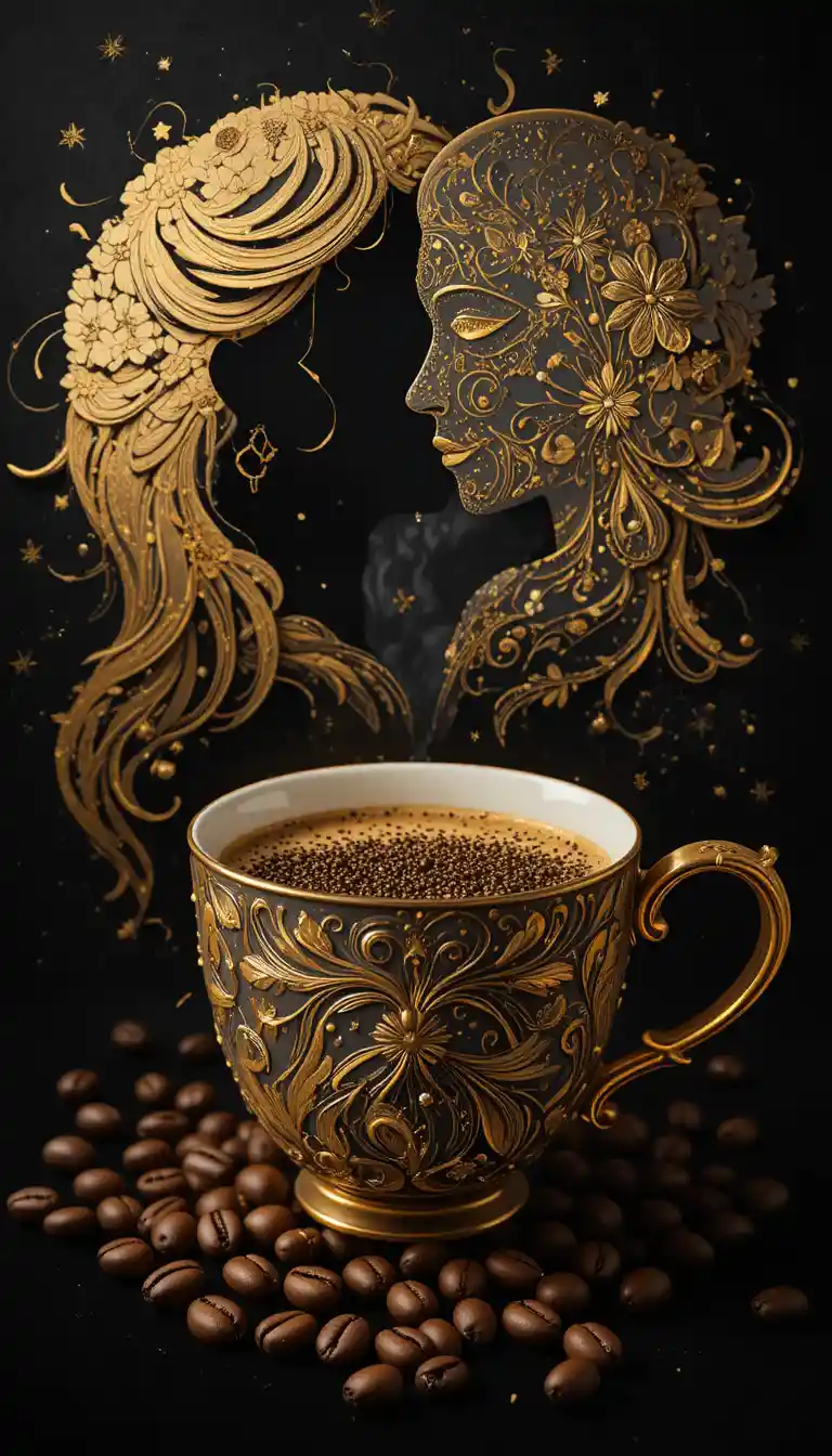 Zarte Kaffeetasse mit Mädchensilhouette und Kaffeebohnen