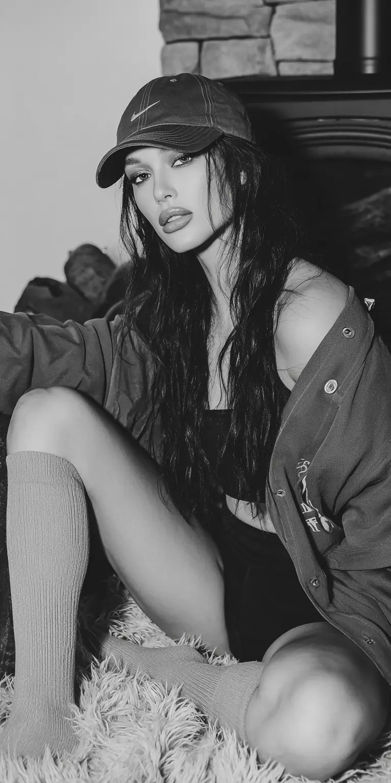 Bella Hadid descansando con un atuendo deportivo junto a una estufa de leña