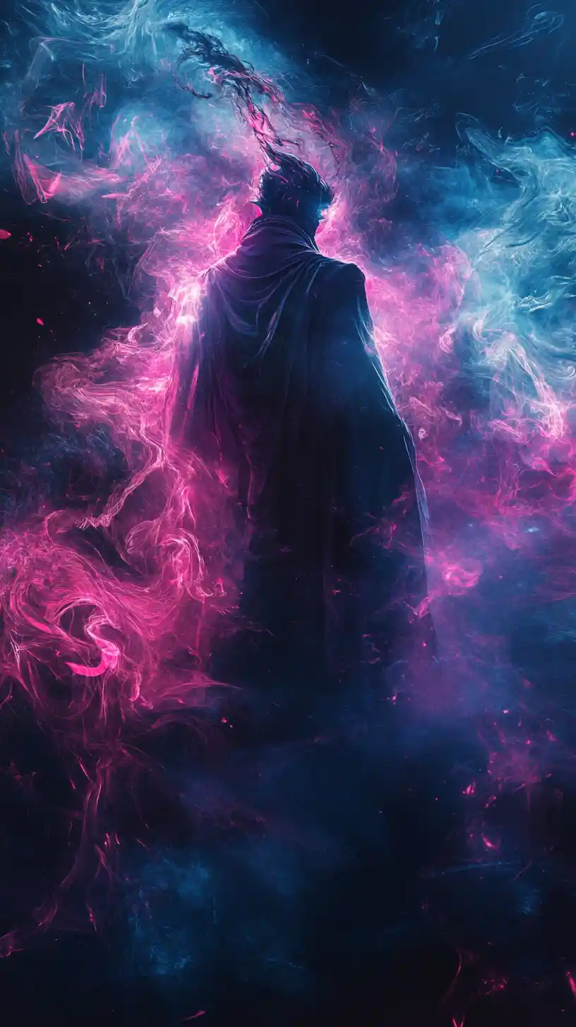ネオンに照らされた魔法陣と渦巻く魔法の煙の魔法使い