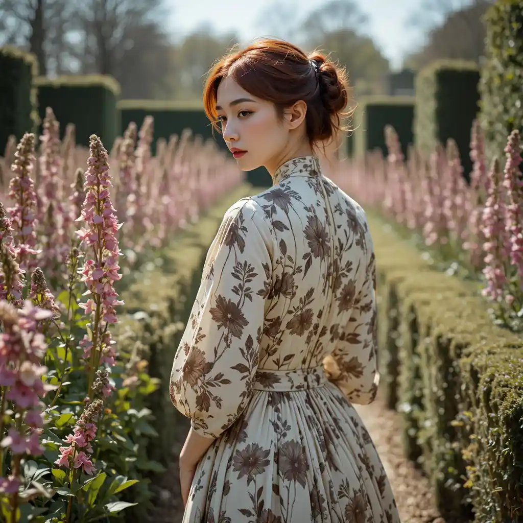Young Korean woman in botanical silk gown studying foxglove