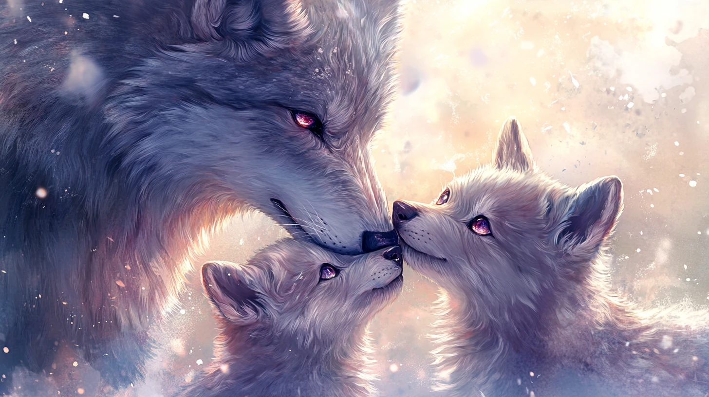 Loba-mãe abraçando filhote fofinho em aquarela suave em close