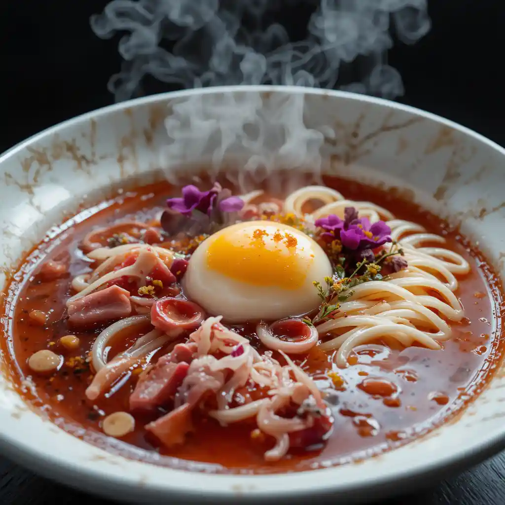 Ramen futuriste au consommé clair de canard et cerise