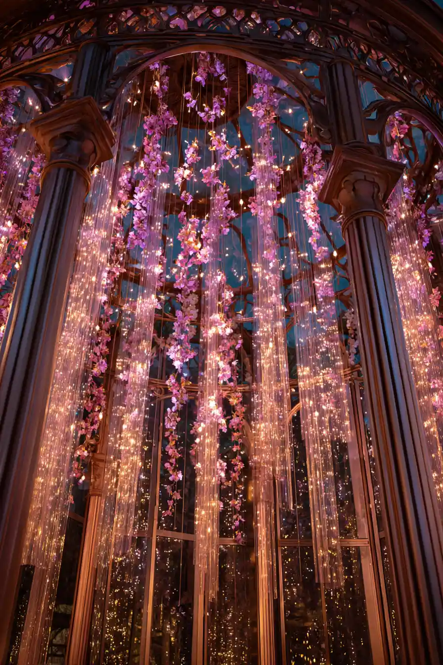 Pavilhão de Vidro Luminoso com Sinos e Trepadeiras Florais em Cascata