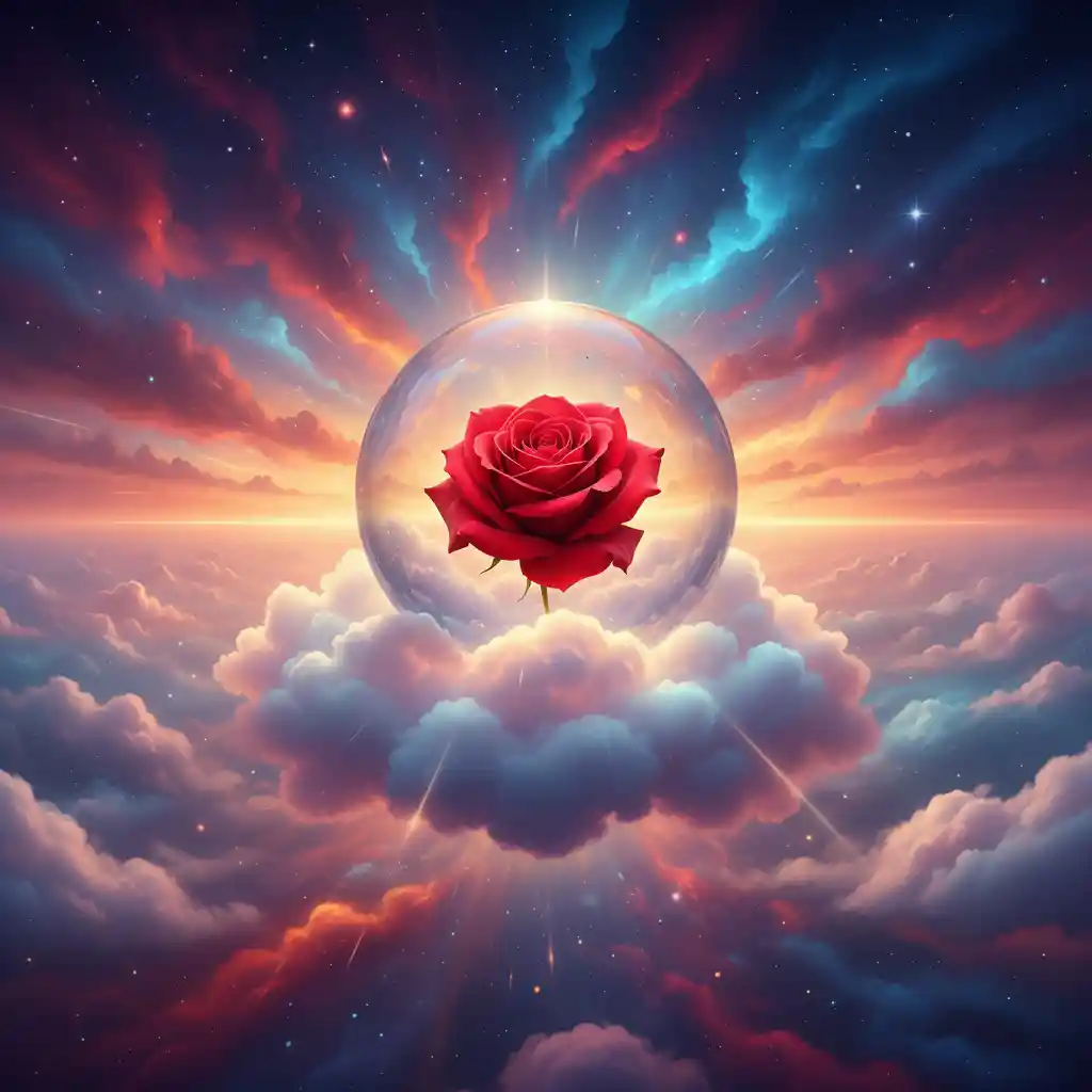 Einzelne Rose in einer Glaskugel schwebend auf einer Wolke