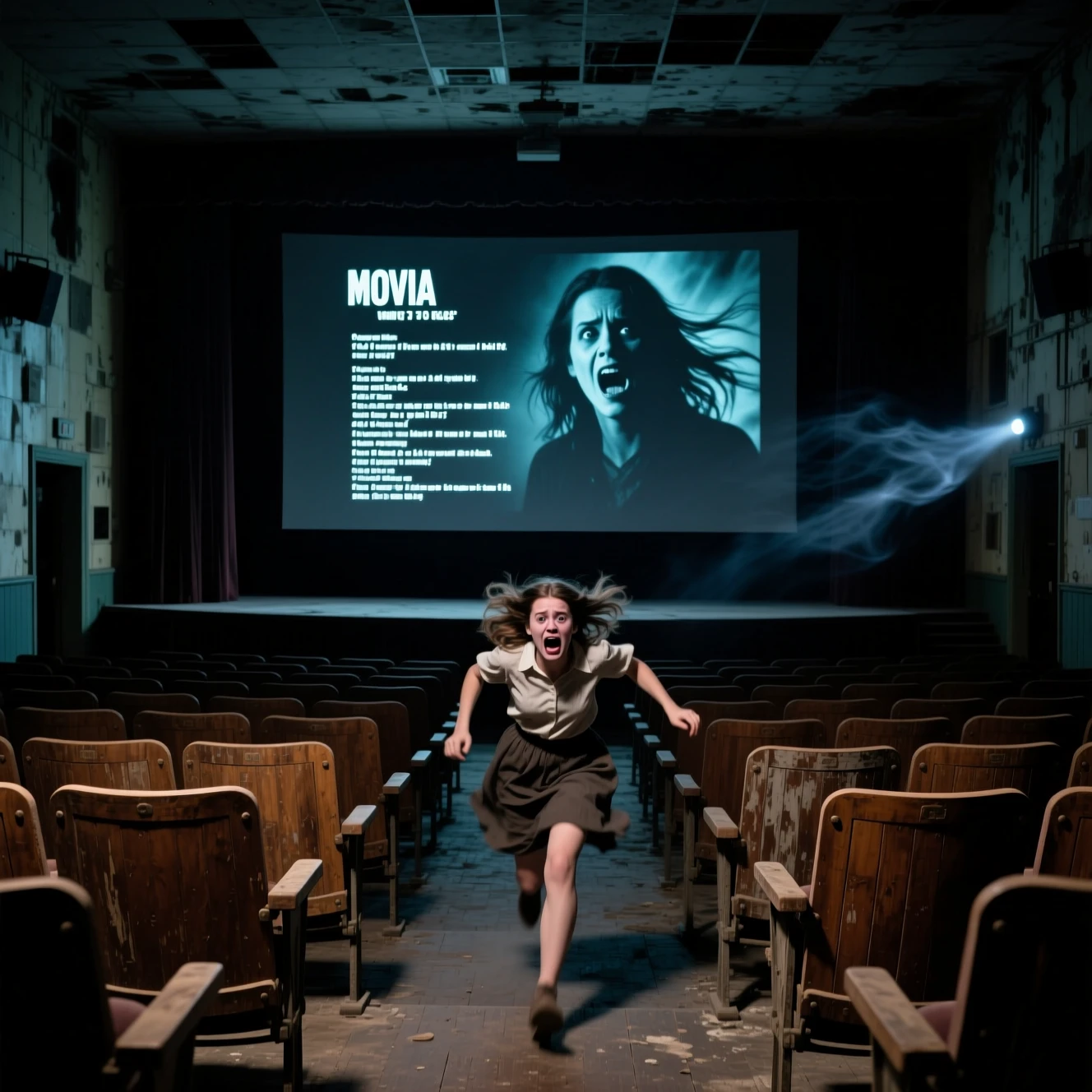 Cine Abandonado con Pantalla de Película de Terror Parpadeante
