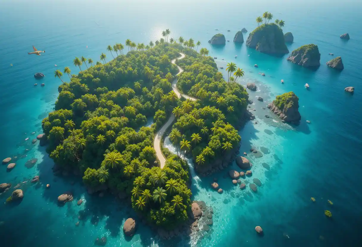 Paradiso di Isola Tropicale da Vista Aerea sopra Mare Turchese