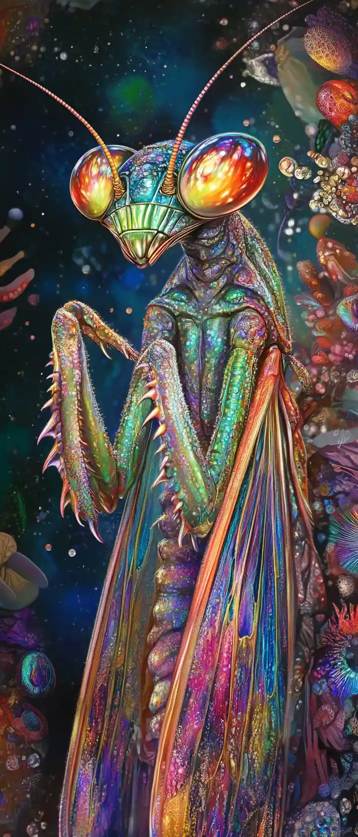 Mantide Fantasy Contemplativa con Corpo Metallico Colorato