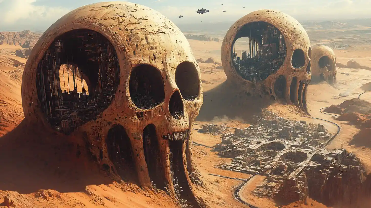 Villes futuristes construites à l’intérieur de structures de crânes extraterrestres
