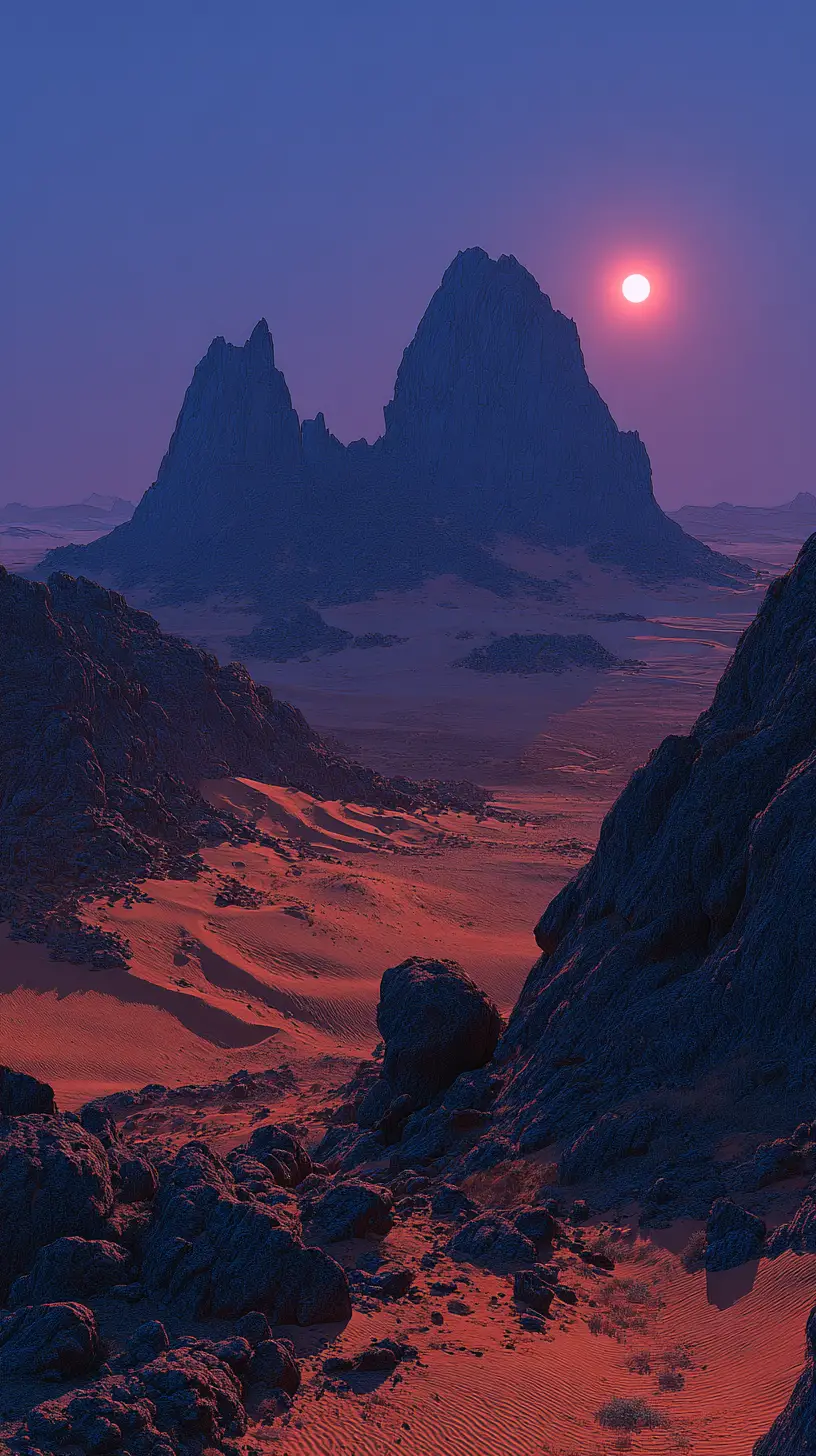 Außerirdische Dämmerung über vulkanischen Gipfeln in der Sahara