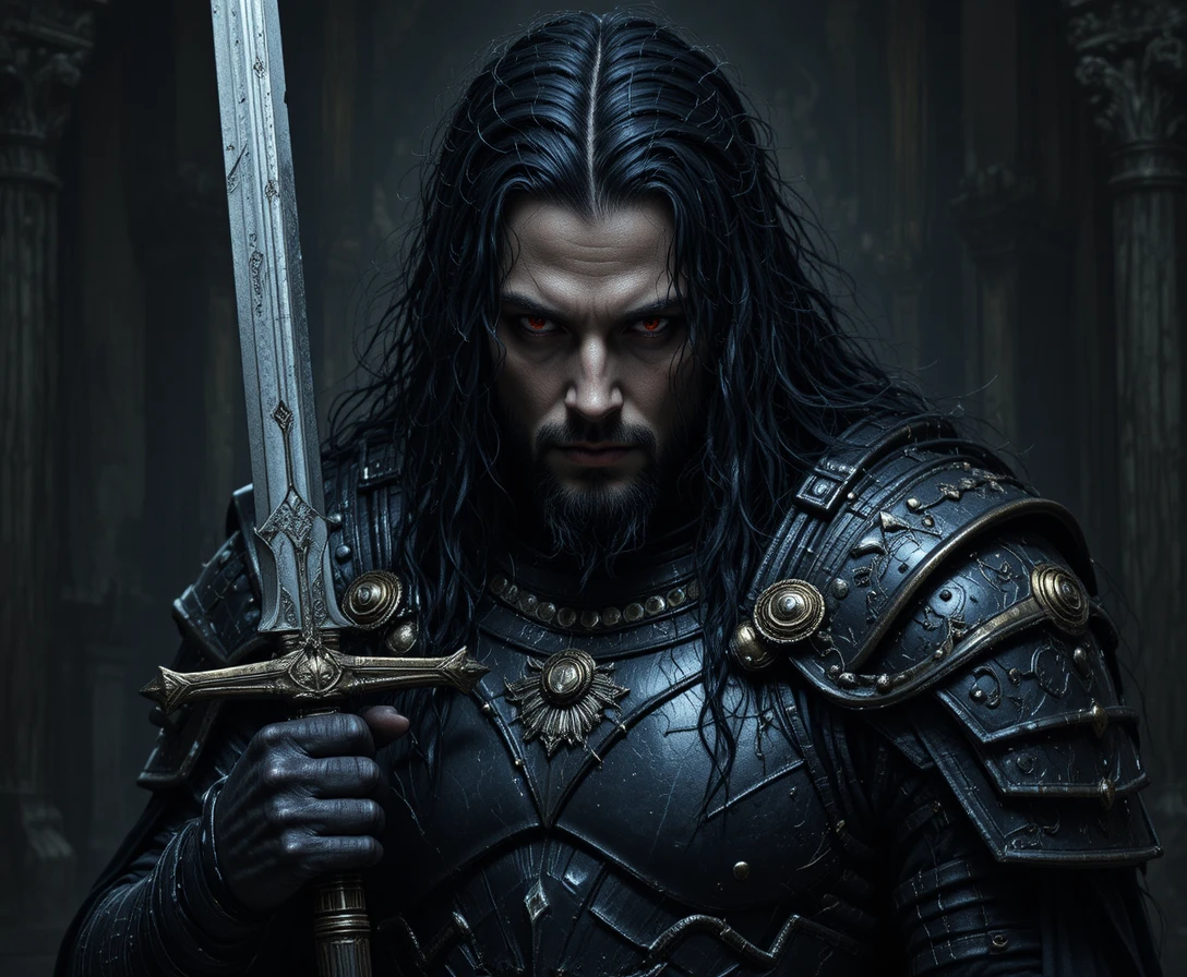 Paladino aasimar caído em armadura sombria com olhos carmesim