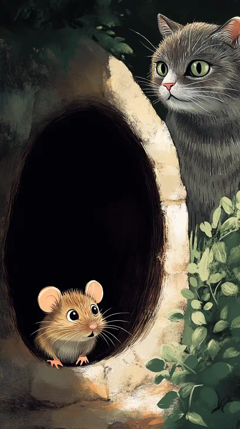 Topolino timido di fronte a un gatto vigile alla sua tana