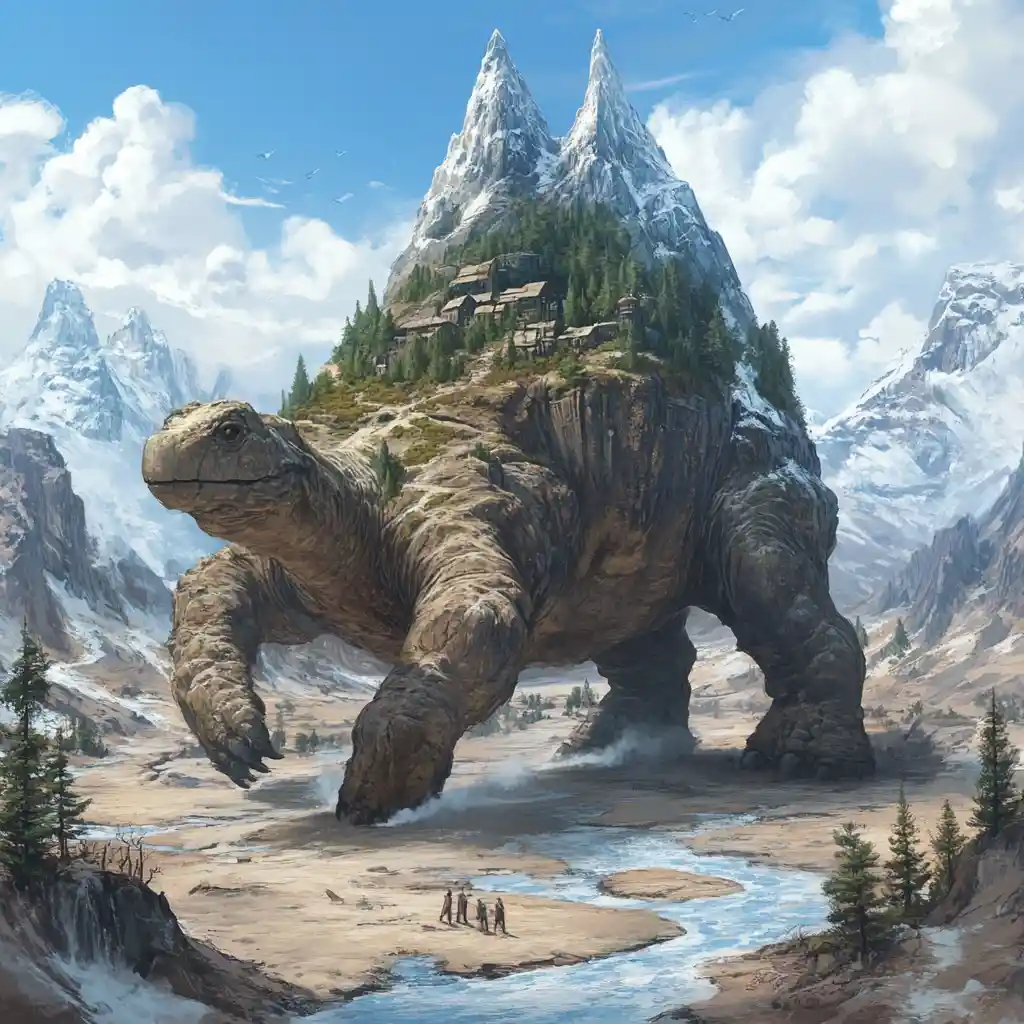Gigantic desert turtle carrying a mountain forest world