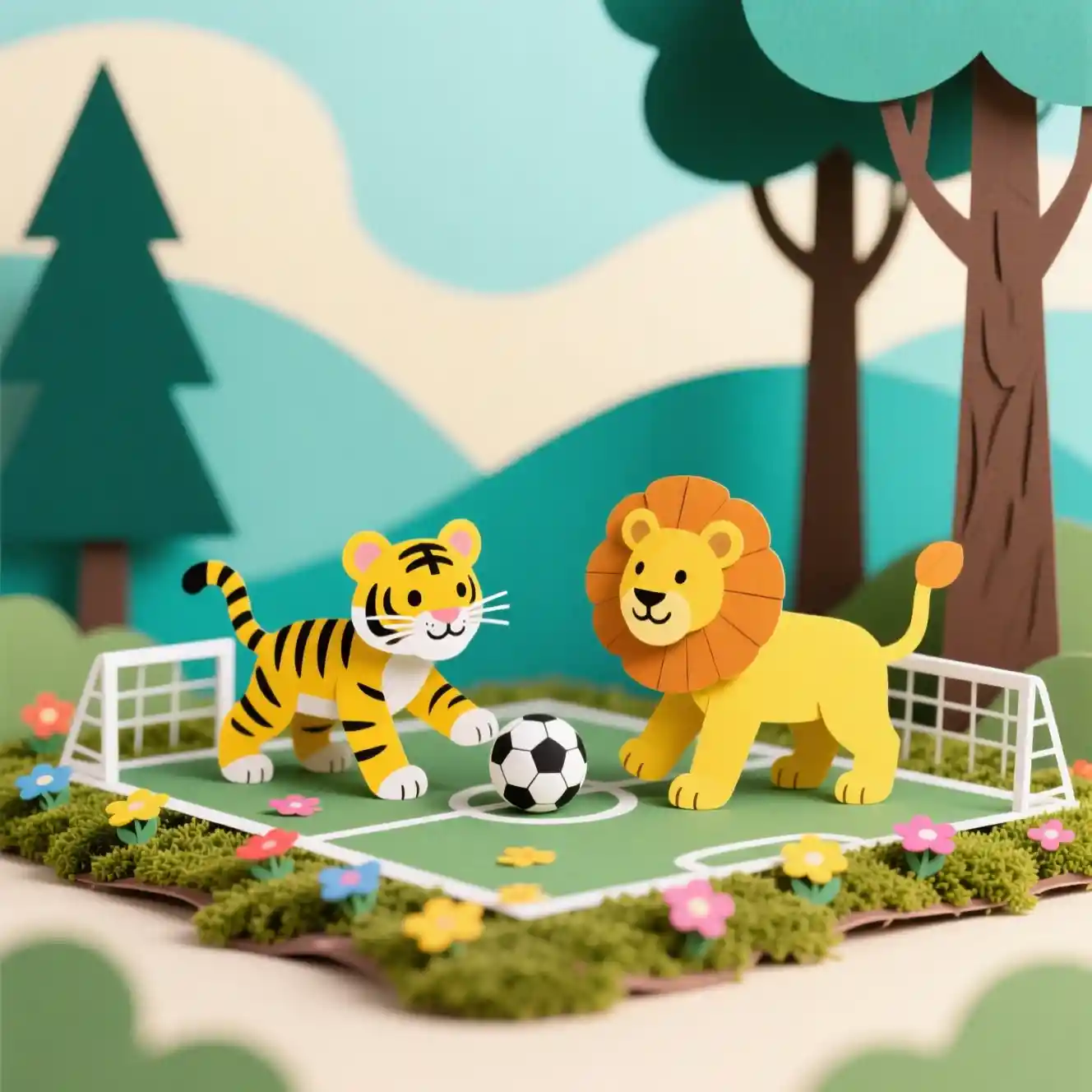 Tigre di carta e cuccioli di leone che giocano a calcio in un campo muschioso