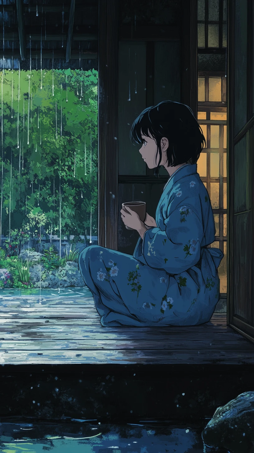 Chica de anime en porche de madera mirando el jardín lluvioso