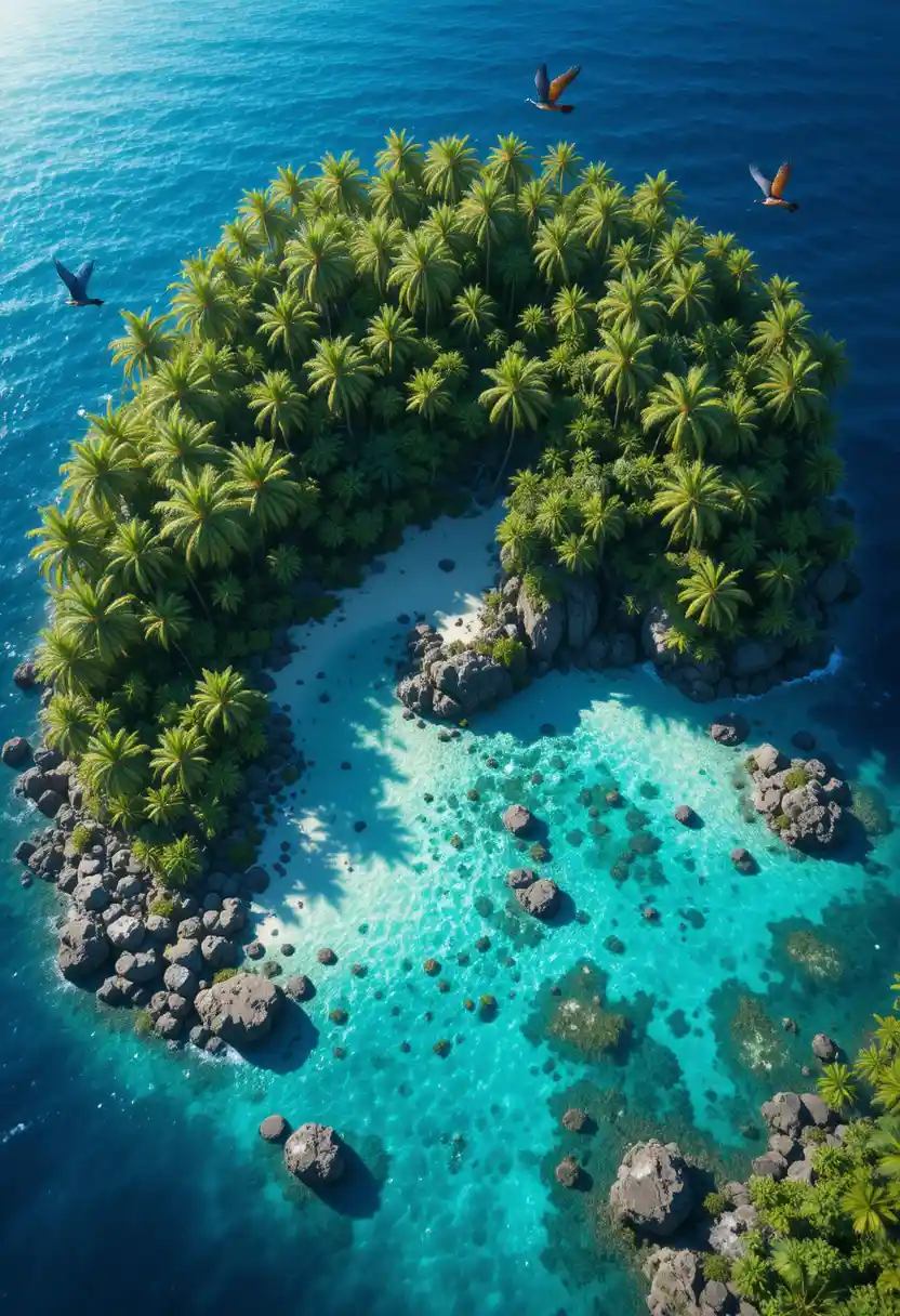 Tropical island surrounded by turquoise ocean from above