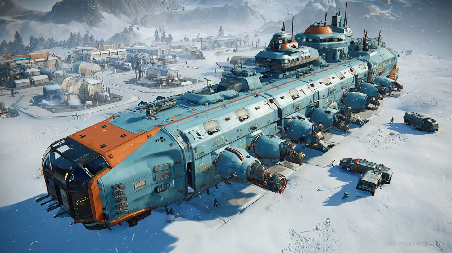 Gigantic cargo spaceship landed on a frozen white planet