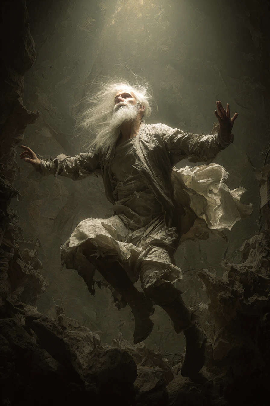 Old bearded superhero flying over a bright ruined wasteland