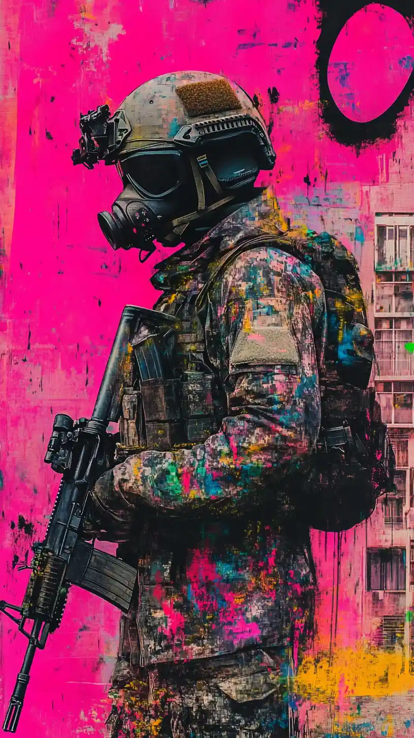 Soldier Dissolving Into Urban Brushstrokes On Hot Pink