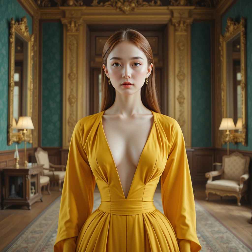 Koreanische Frau im Safrankleid in opulentem Salon von Versailles