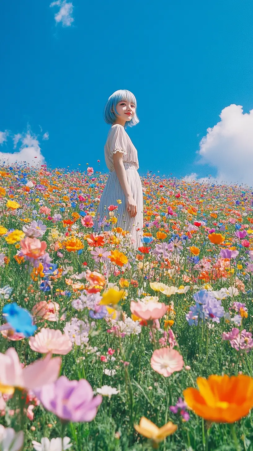 開心的動漫女孩站在繽紛花海中