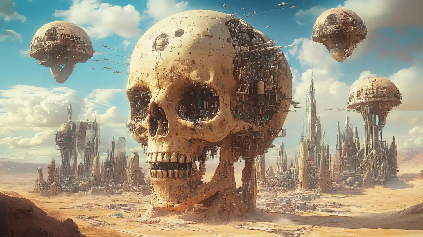 Futuristic cities built inside giant alien skulls in desert