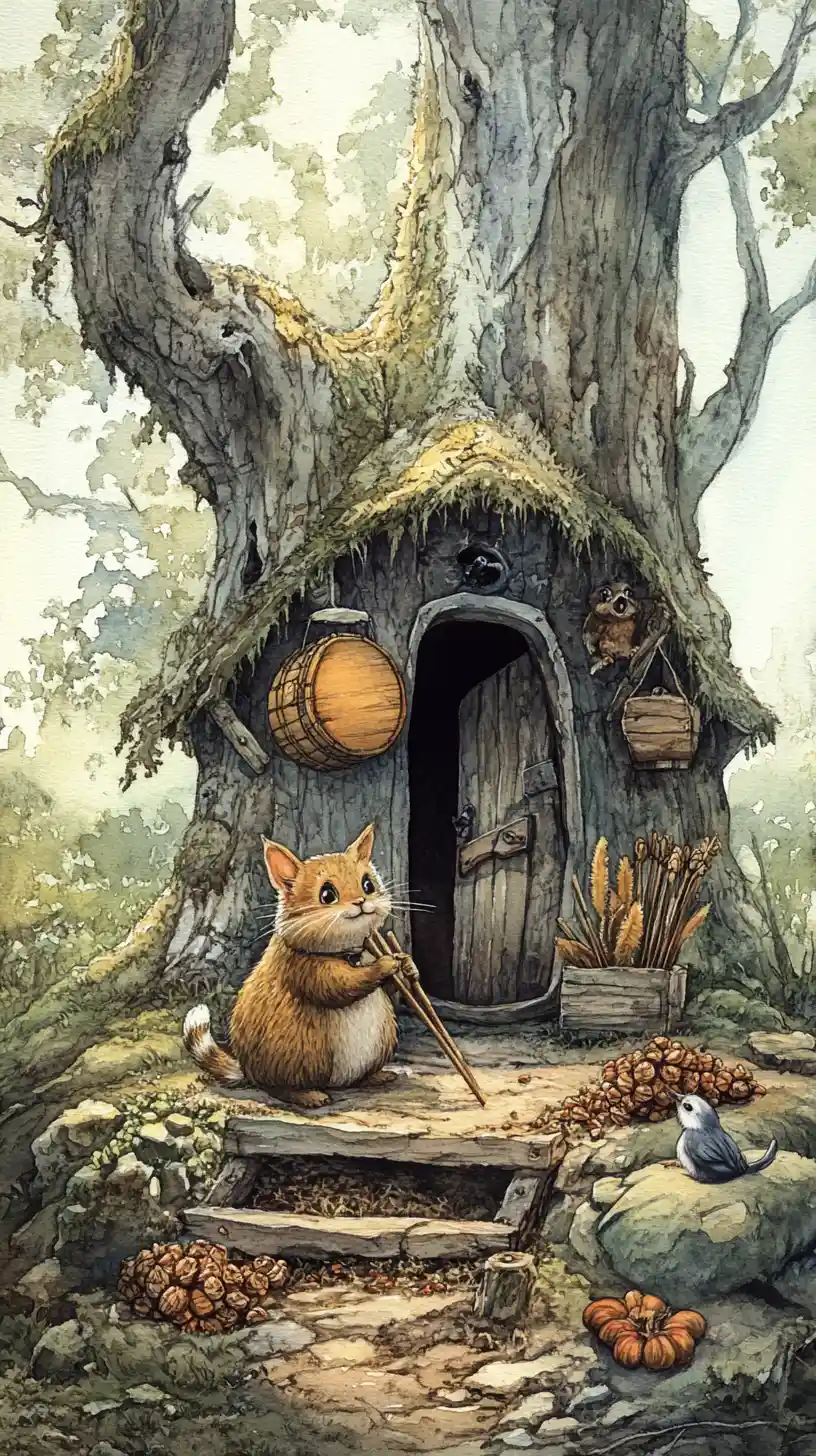 Cheerful meerkat and rabbit by a forest hut watercolor