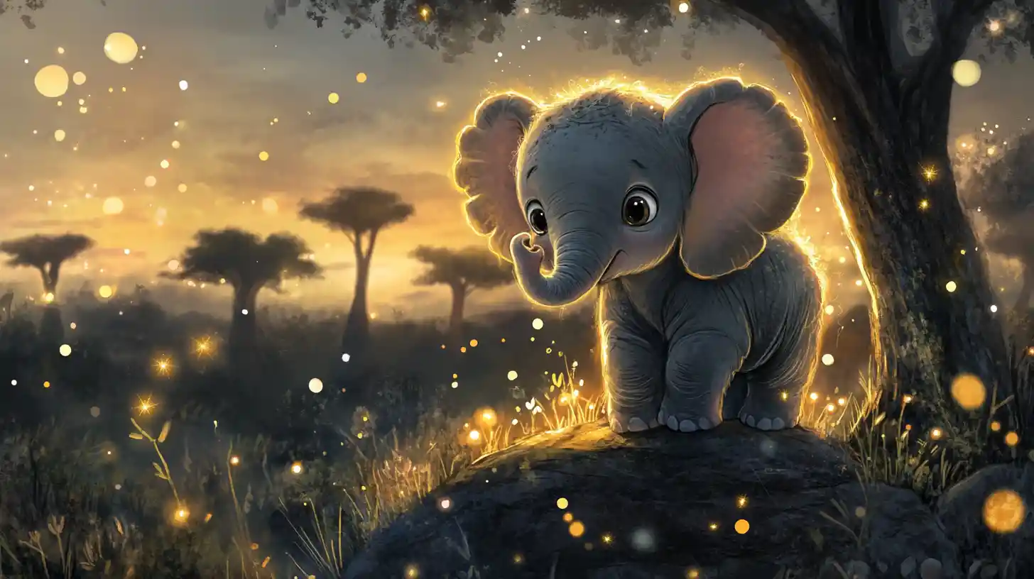 Adorable bébé éléphant sur une falaise lumineuse au crépuscule