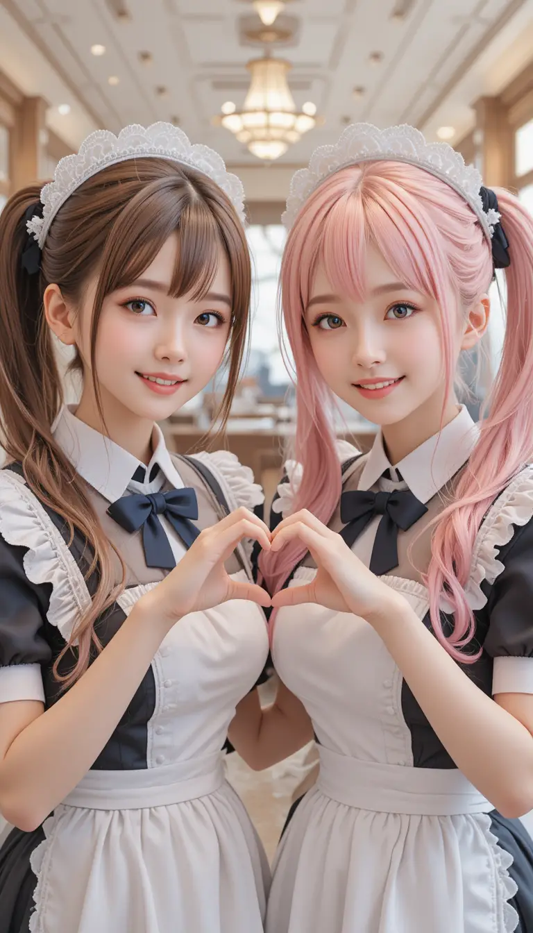 Due cameriere in stile anime che formano un cuore con le mani