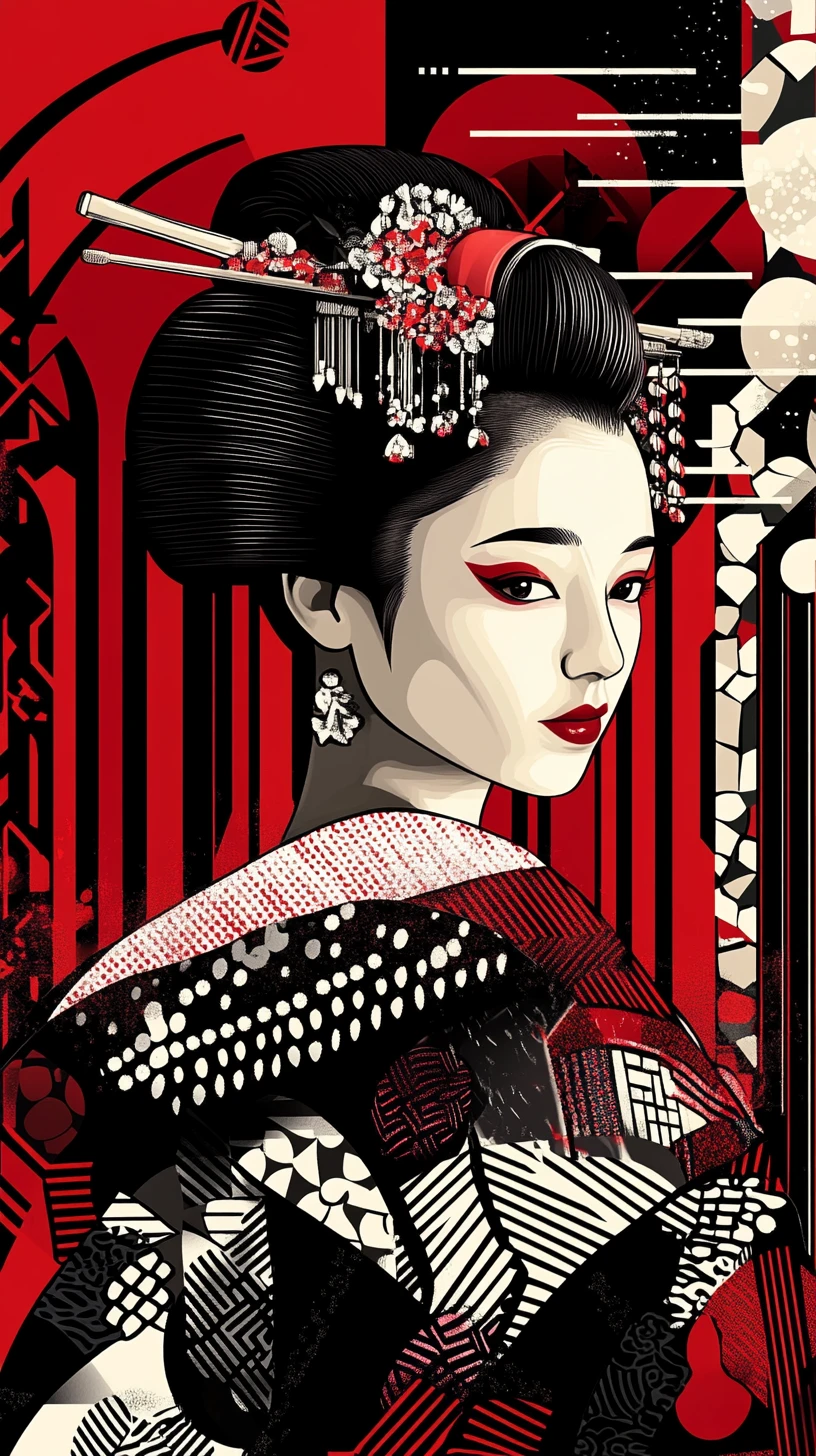 Retrato de geisha con kimono negro y audaz fondo rojo abstracto