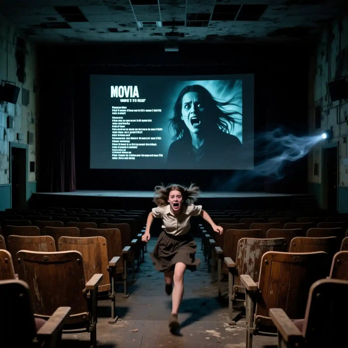 Verlassenes Kino mit flackernder Horrorfilm-Leinwand