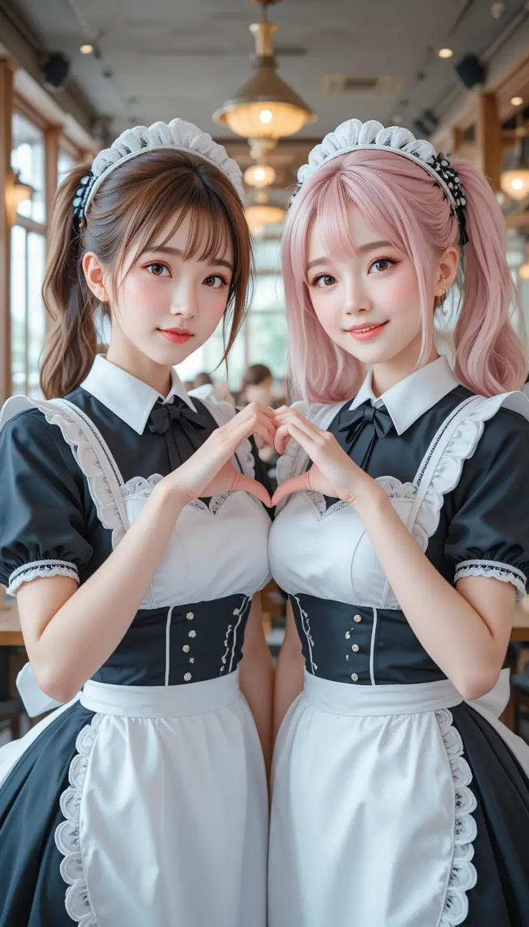 Due cameriere in stile anime che formano un cuore con le mani