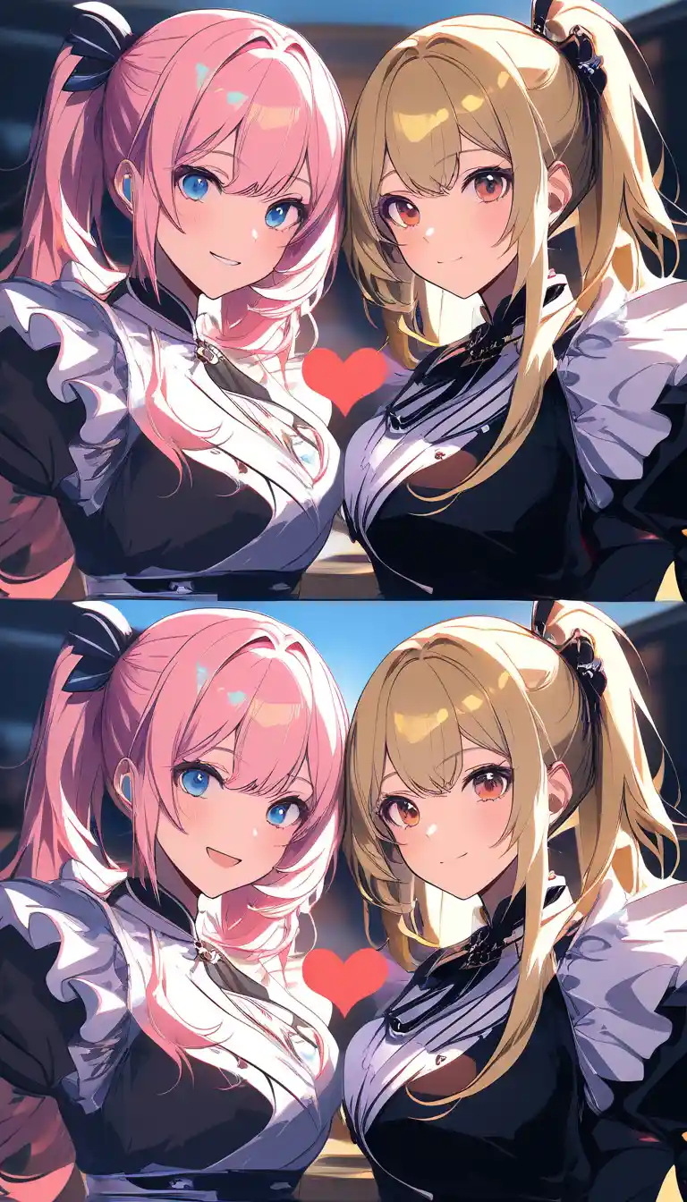 Due cameriere anime in posa con gesto a cuore in caffetteria