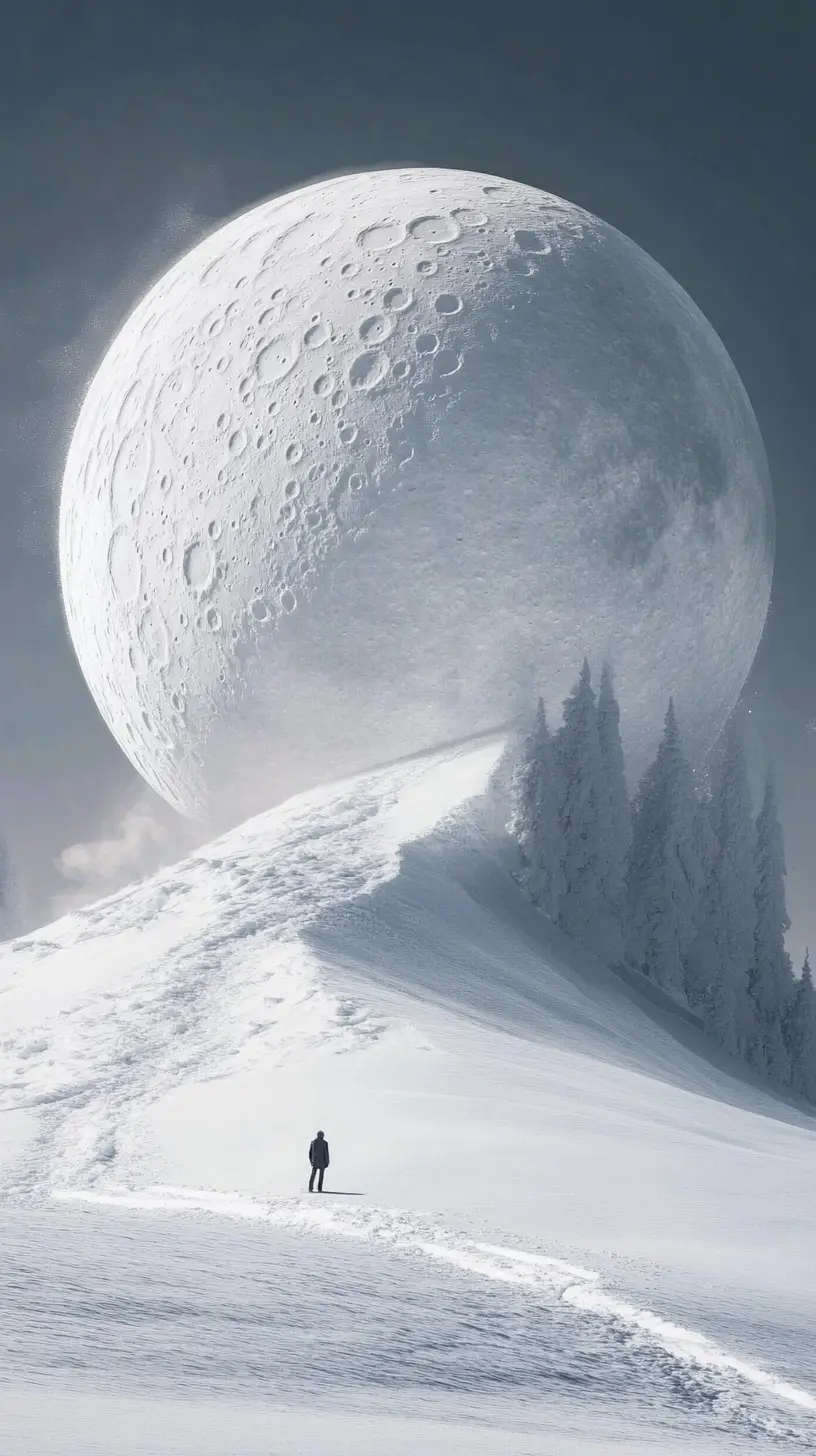 雪地與發光月亮的超現實幻象場景