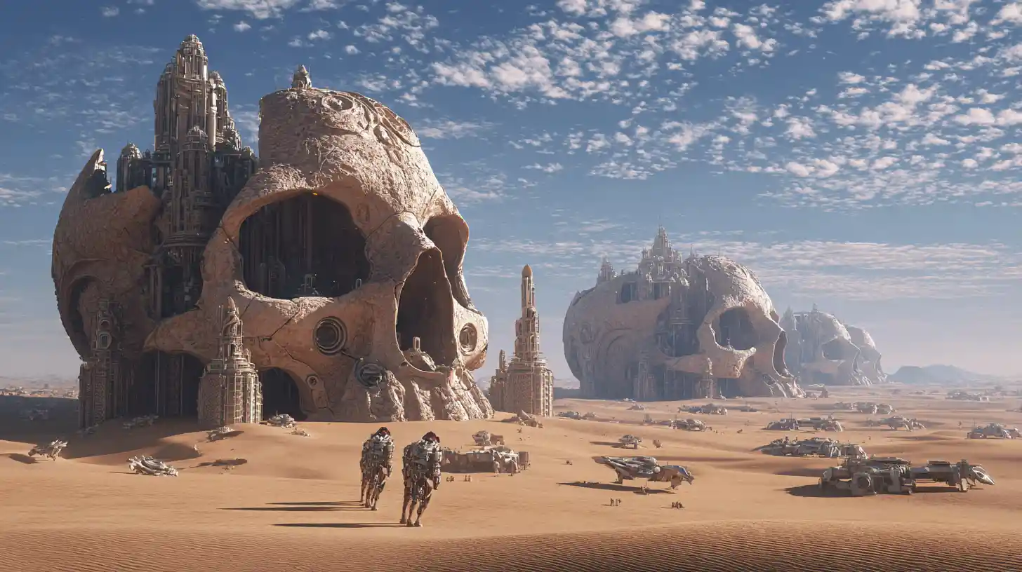 Miniature cities built inside giant alien skull structures