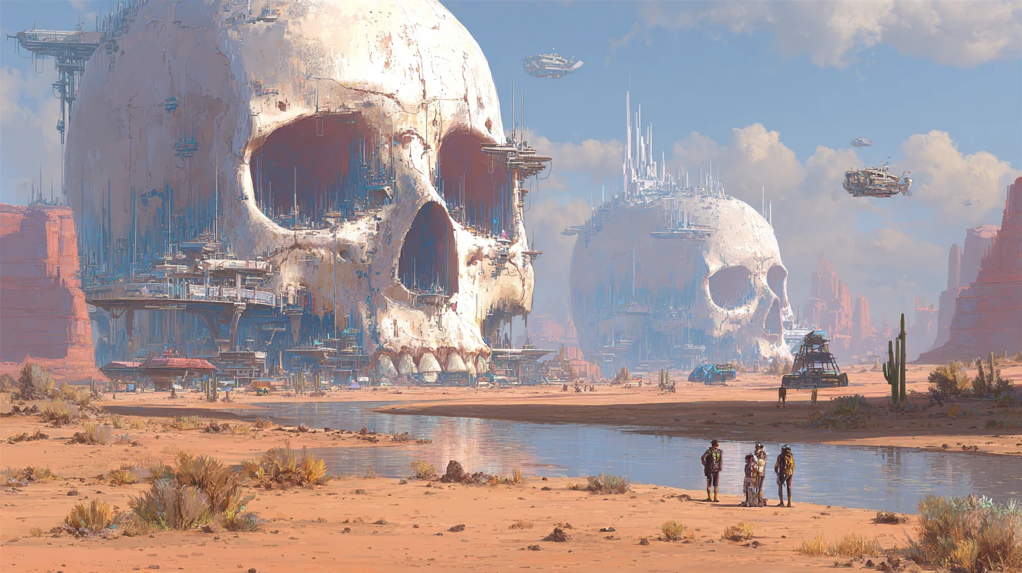 Futuristische Städte in gigantischen Alien-Schädeln