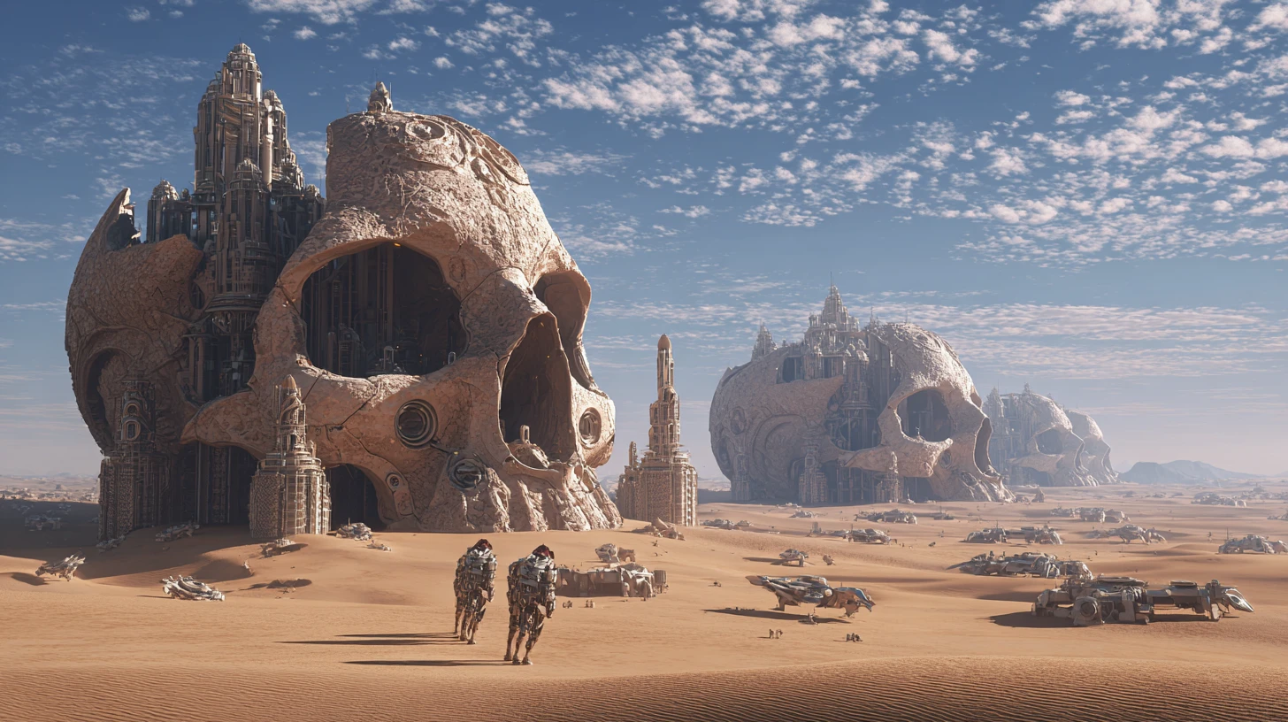 Miniature cities built inside giant alien skull structures