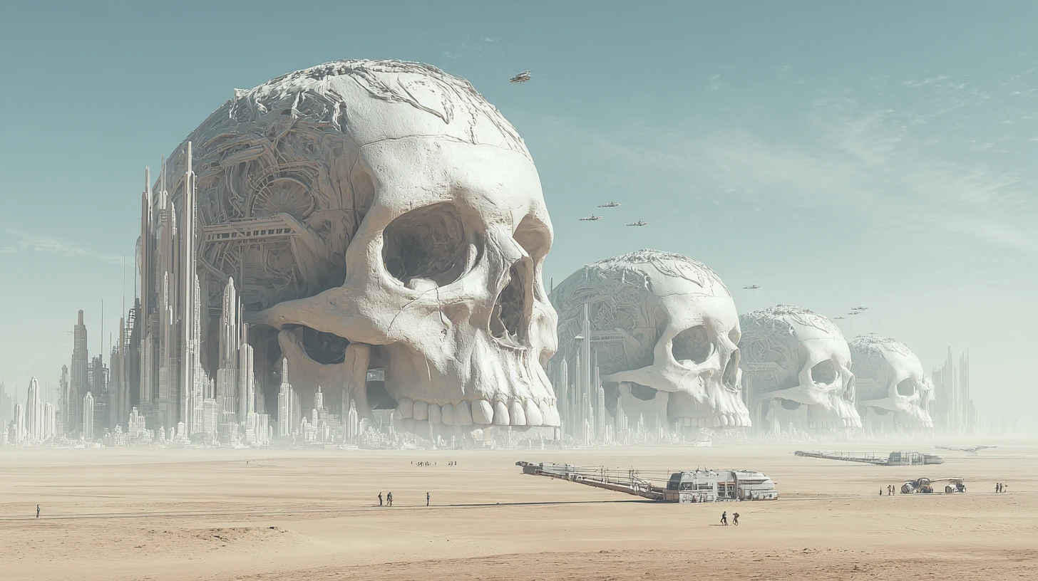 Cidades futuristas construídas dentro de crânios alienígenas colossais no deserto