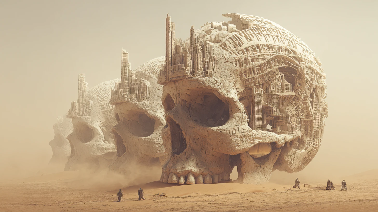 Città futuristiche costruite dentro di colossali teschi alieni