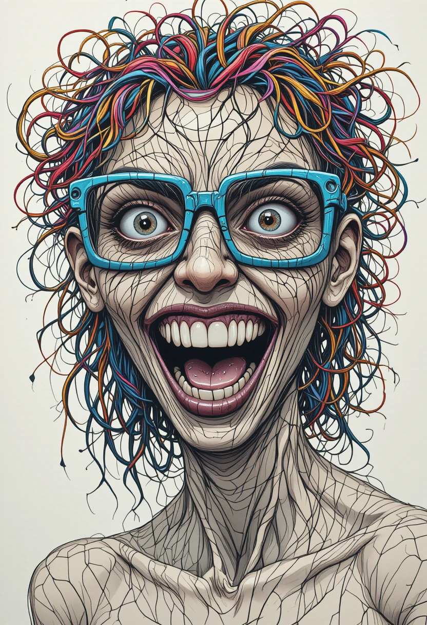 Femme surréaliste au visage gribouillé et cheveux câbles chaotiques