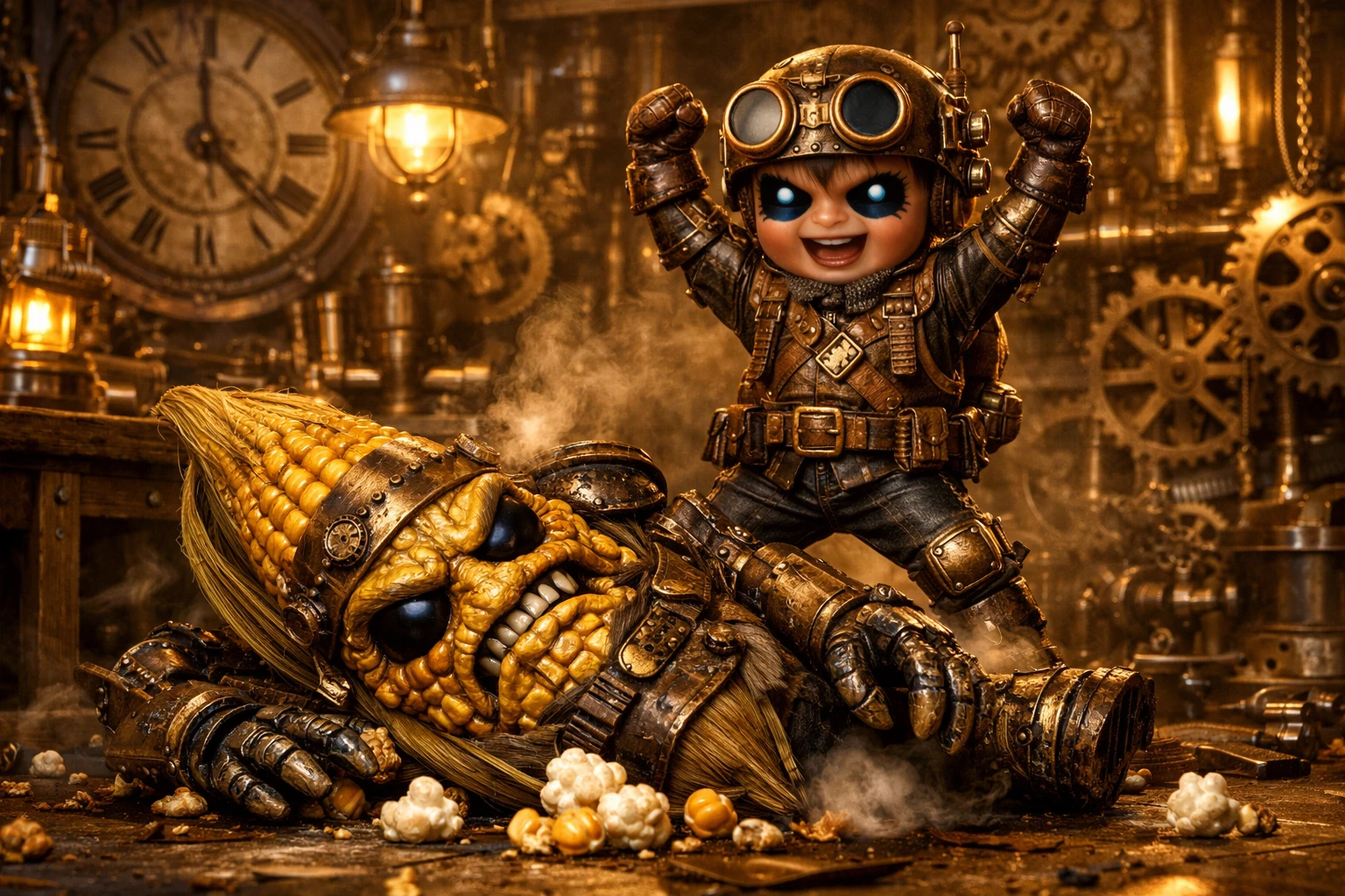 Steampunk boy triumphs over evil corn cob in workshop