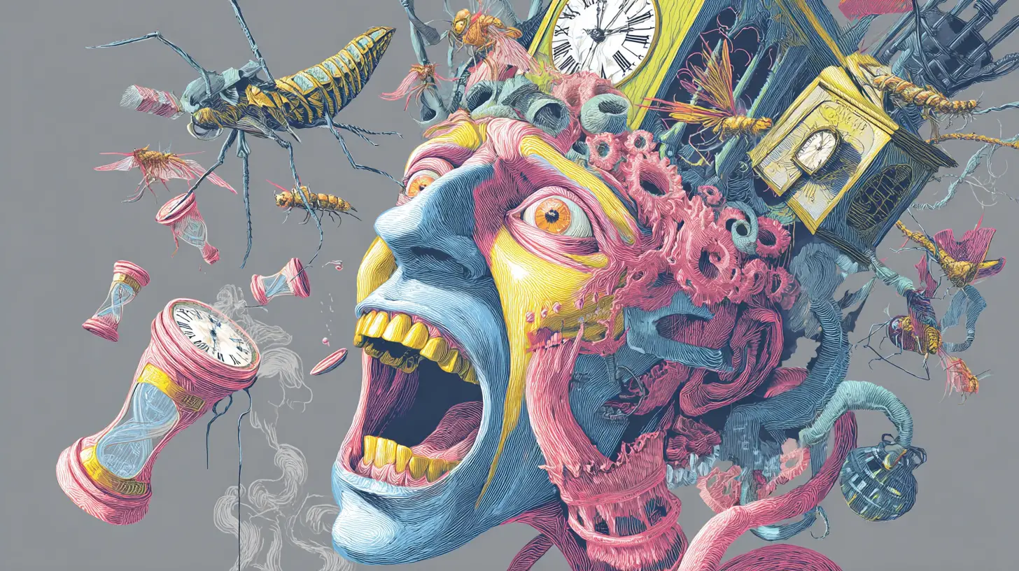 Surreal verzerrtes Gesicht mit mechanischen Insekten und Maschinen