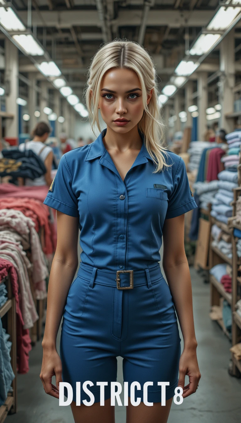 Jeune femme en uniforme d’usine fixant intensément la caméra