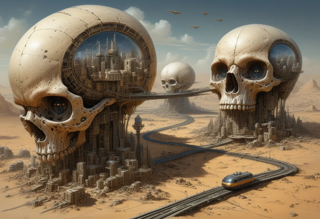Ciudades en miniatura construidas dentro de colosales calaveras alienígenas en el desierto