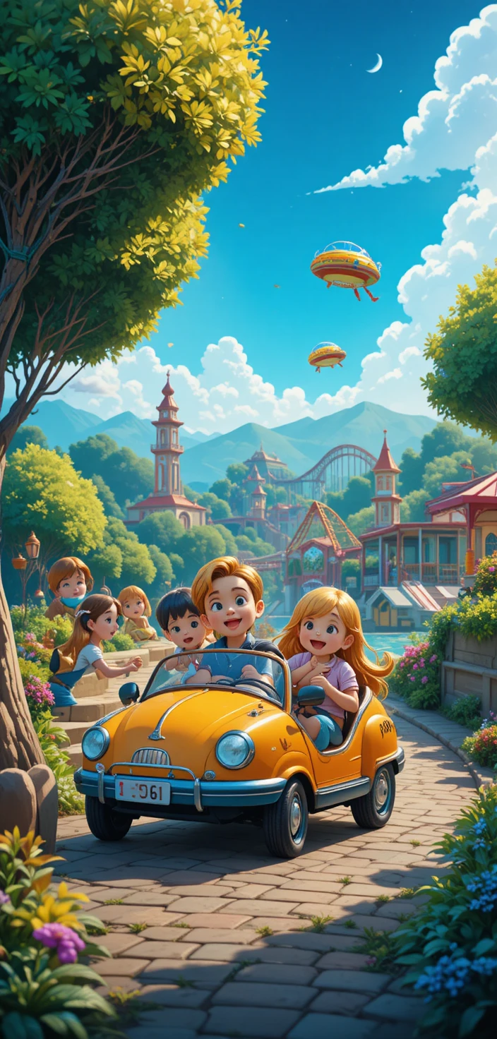 カラフルな遊園地ではしゃぐ家族のイラスト