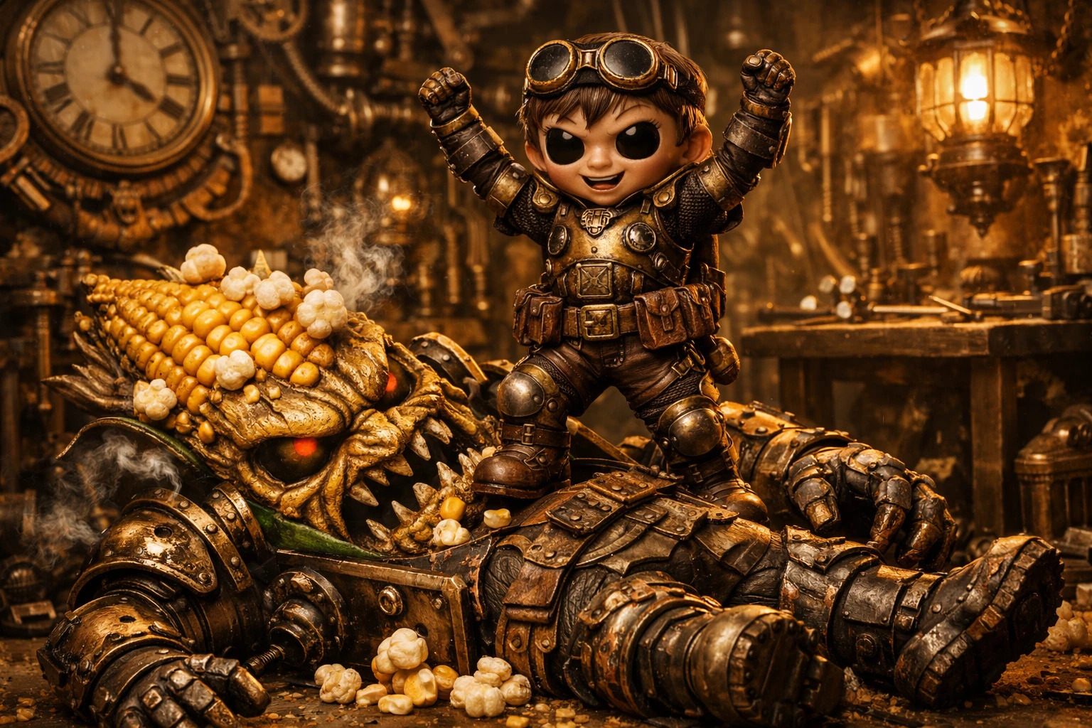Steampunk boy triumphs over evil mechanical corn cob