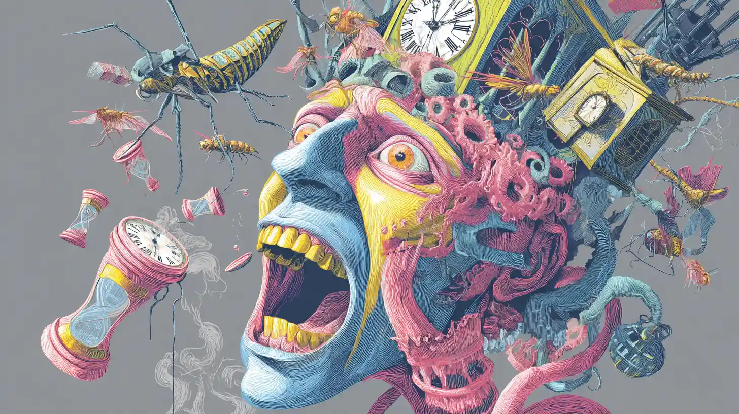 Surreal verzerrtes Gesicht mit mechanischen Insekten und Maschinen