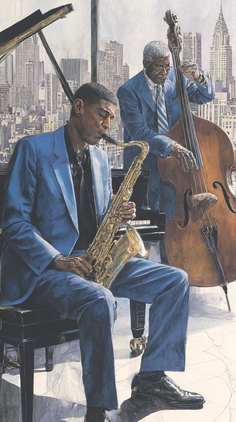 Elegant jazz duo in a luxurious skyline club drawing